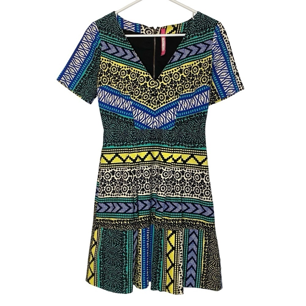 Tracy Reese Dress Womens Size Small 4 Colorful Geometric Print Black Yellow Blue
